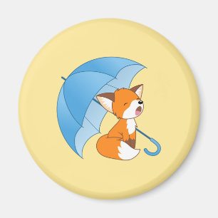 Cute Sleepy Little Fox under Umbrella on Yellow Magnet