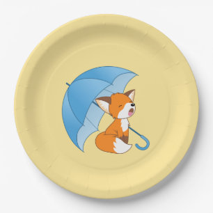 Cute Sleepy Little Fox under Umbrella on Yellow Paper Plate
