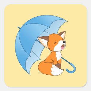 Cute Sleepy Little Fox under Umbrella on Yellow Square Sticker