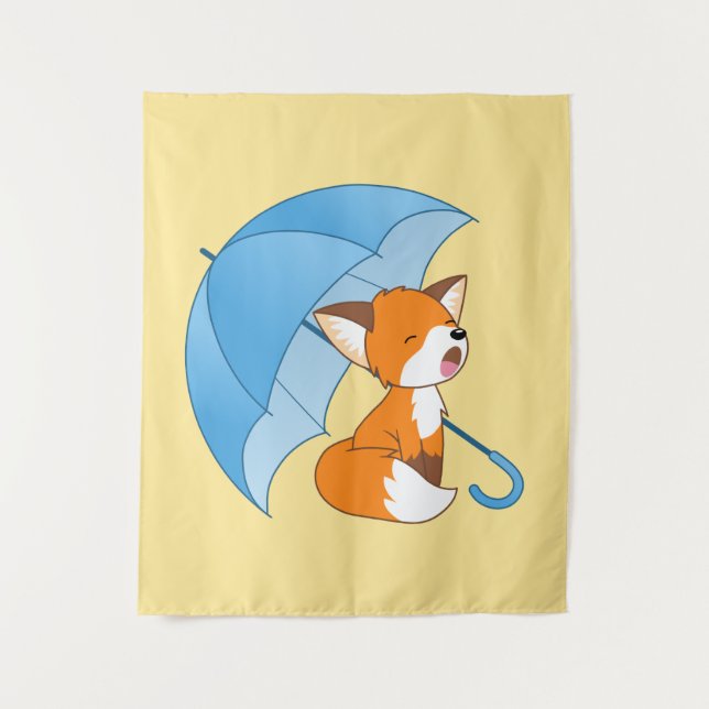 Cute Sleepy Little Fox under Umbrella Tapestry (Front)