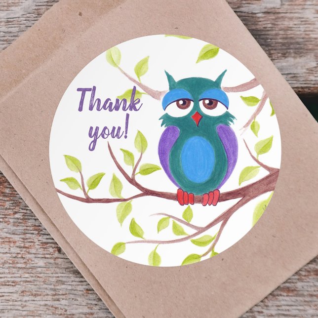 Cute sleepy owl on a tree cartoon Custom text Classic Round Sticker (Creator Uploaded)