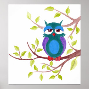 Cute sleepy owl on a tree Cartoon painting Poster