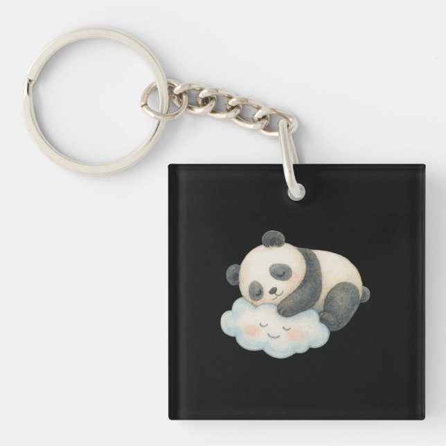 Cute Sleepy Panda on Cloud Watercolor Keychain (Front)