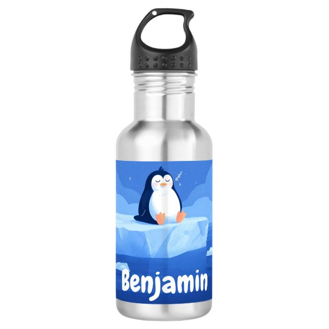 Cute Sleepy Penguin, Personalized Water Bottle (Front)