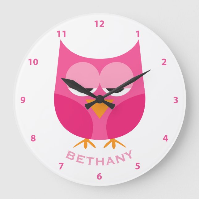 Cute Sleepy Pink Owl Personalized With Numbers Large Clock (Front)