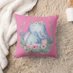 Cute Sleepy Safari Elephant PInk Floral Kids Room Throw Pillow