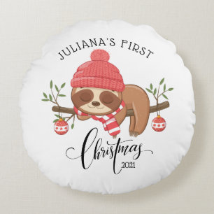 Cute Sleepy Sloth Baby's First Christmas Round Pillow