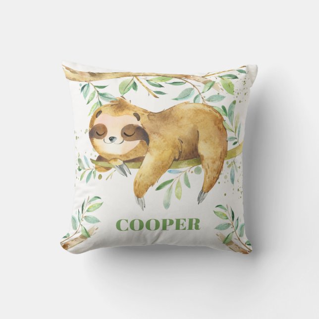 Cute Sleepy Sloth Forest Greenery Boy Nursery Throw Pillow (Front)