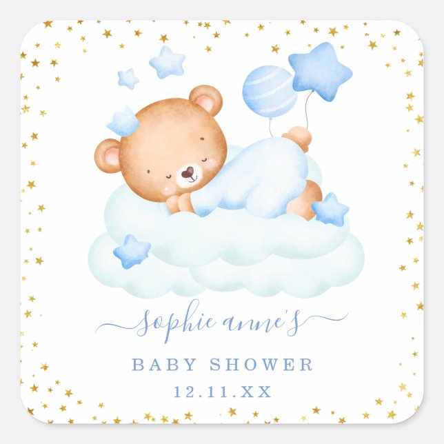 Cute Sleepy Teddy Bear Balloons Boy Baby Shower Square Sticker (Front)
