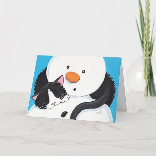 Cute Sleepy Tuxedo Cat and Snowman Christmas Card (Front)