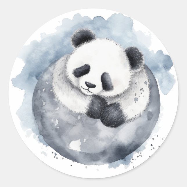 Cute Sleepy Watercolor Panda Classic Round Sticker (Front)