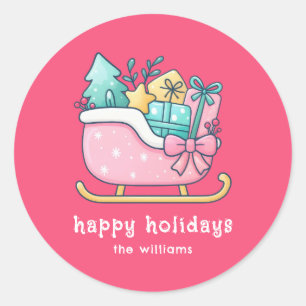 Cute Sleigh with Goodies Happy Holidays Pink Classic Round Sticker