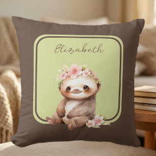 Cute sloth add name polka dots green throw pillow