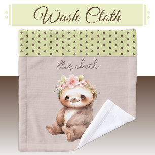Cute sloth add name polka dots green wash cloth