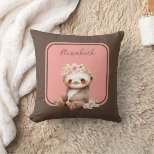 Cute sloth add name polka dots pink throw pillow