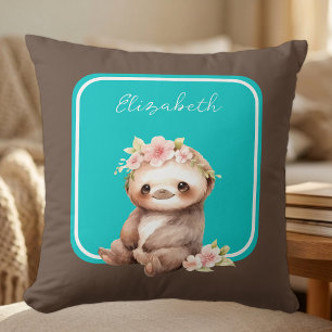 Cute sloth add name polka dots turquoise throw pillow