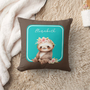 Cute sloth add name polka dots turquoise throw pillow