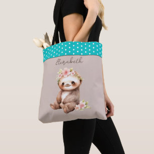 Cute sloth add name polka dots turquoise tote bag