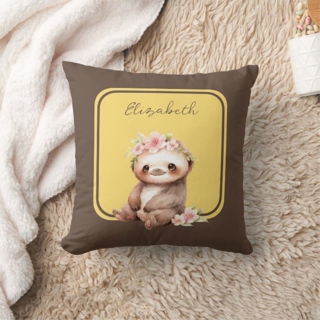 Cute sloth add name polka dots yellow throw pillow (Blanket)