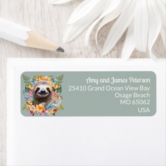 Cute sloth among tropical flowers blue custom name (Insitu)