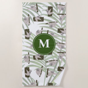 Cute Sloth Animal Pattern in Wild Forest Monogram Beach Towel