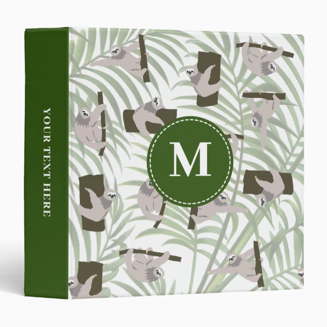Cute Sloth Animal Pattern in Wild Forest Monogram Binder (Front/Spine)