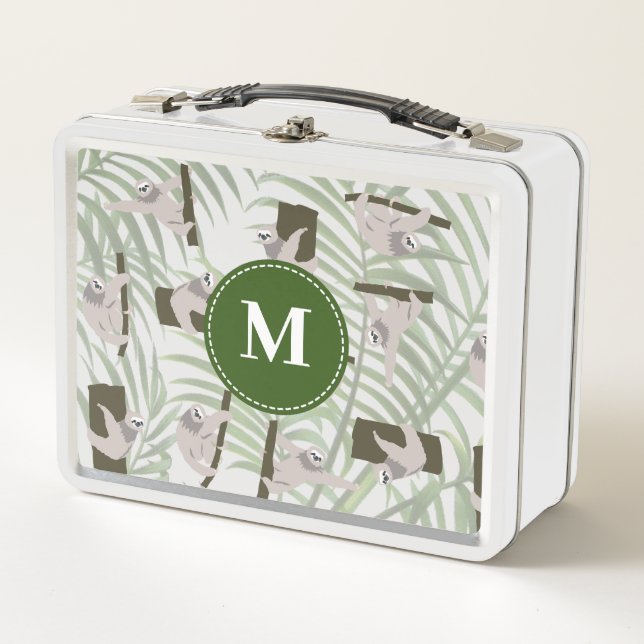 Cute Sloth Animal Pattern in Wild Forest Monogram Metal Lunch Box (Front)