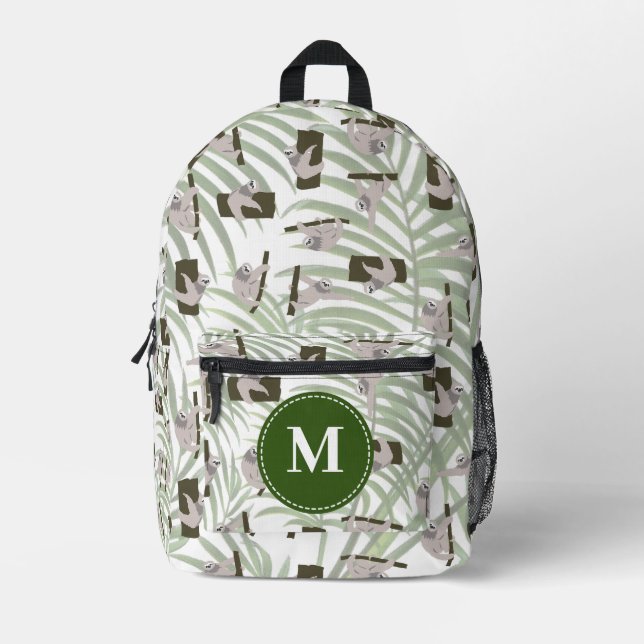Cute Sloth Animal Pattern in Wild Forest Monogram Printed Backpack (Front)