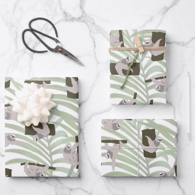 Cute Sloth Animal Pattern in Wild Forest Wrapping Paper Sheet (Front)