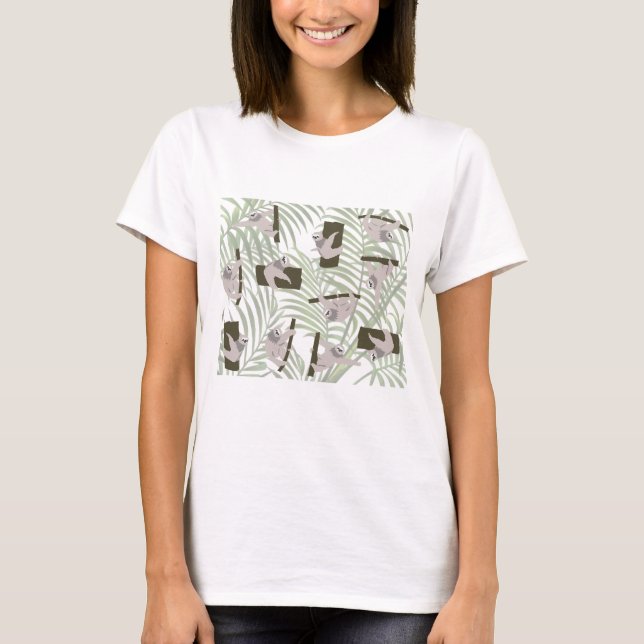 Cute Sloth Animals Pattern in Wild Forest T-Shirt (Front)