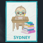 Cute Sloth at School Personalized Fleece Blanket<br><div class="desc">Cute artwork featuring an adorable sloth wearing glasses sitting at a school desk solving a math problem and a pile of books.</div>