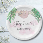 Cute Sloth Baby Girl Baby Shower Paper Plate<br><div class="desc">This pretty baby shower paper plate features a sweet baby sloth hanging from a branch,  with green watercolor jungle leaves and pink clouds.
All the text is customizable.
There are matching napkins in my store.
Original Watercolor © Michele Davies.</div>