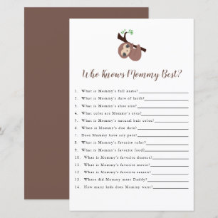 Cute Sloth Baby Shower Game Who knows Mommy Best