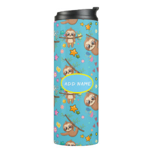 Cute Sloth Blue Pattern Add Your Text Template Thermal Tumbler