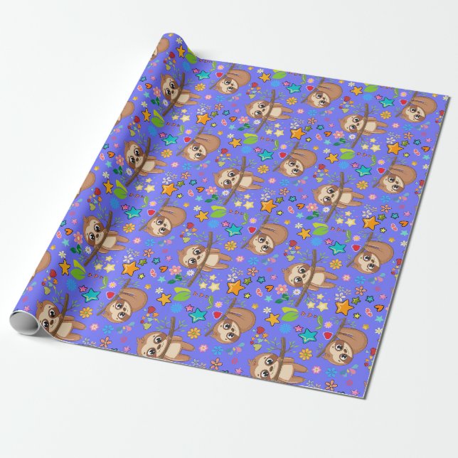  Cute Sloth Blue Pattern Baby Shower Birthday Wrapping Paper (Unrolled)