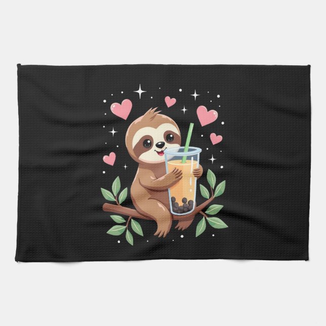 Cute Sloth Boba Bubble Milk Tea Kawaii Women Girls Kitchen Towel (Horizontal)