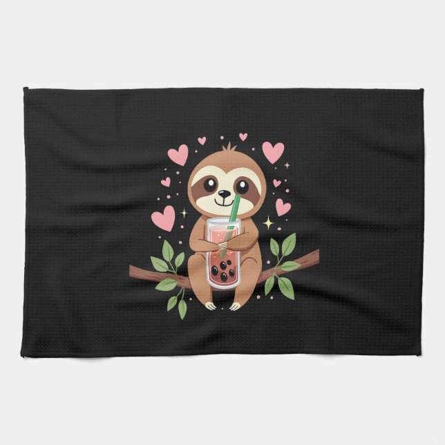 Cute Sloth Boba Bubble Milk Tea Kawaii Women Girls Kitchen Towel (Horizontal)