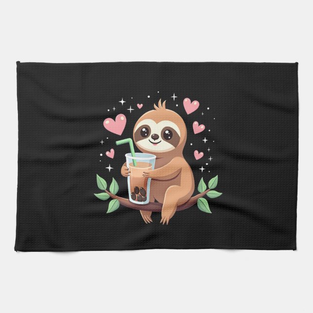 Cute Sloth Boba Bubble Milk Tea Kawaii Women Girls Kitchen Towel (Horizontal)