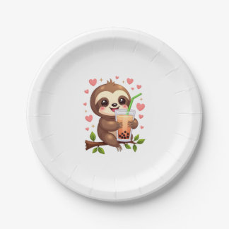 Cute Sloth Boba Bubble Milk Tea Kawaii Women Girls Paper Plate