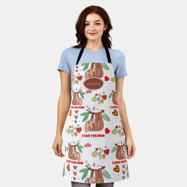 Cute Sloth Brown Pattern I Love You Mom Hearts Apron (Worn)