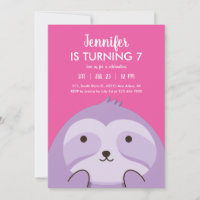 Cute Sloth Cartoon Purple Pink Kids Birthday