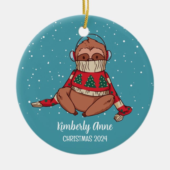 Cute Sloth Christmas Animal Snow Winter Holiday Ceramic Ornament (Front)