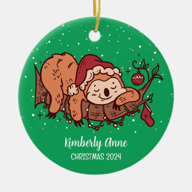 Cute Sloth Christmas Animal Snowy Winter Holiday Ceramic Ornament (Front)