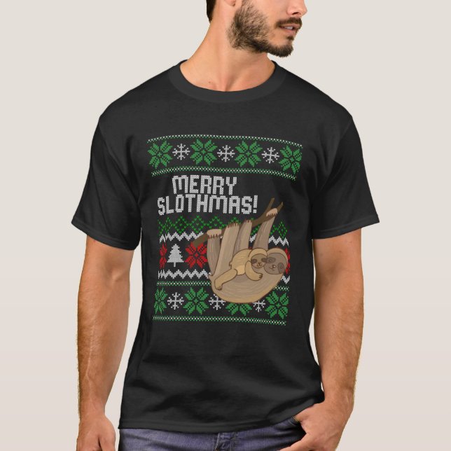 Cute sloth Christmas Merry sloths ugly T-Shirt (Front)