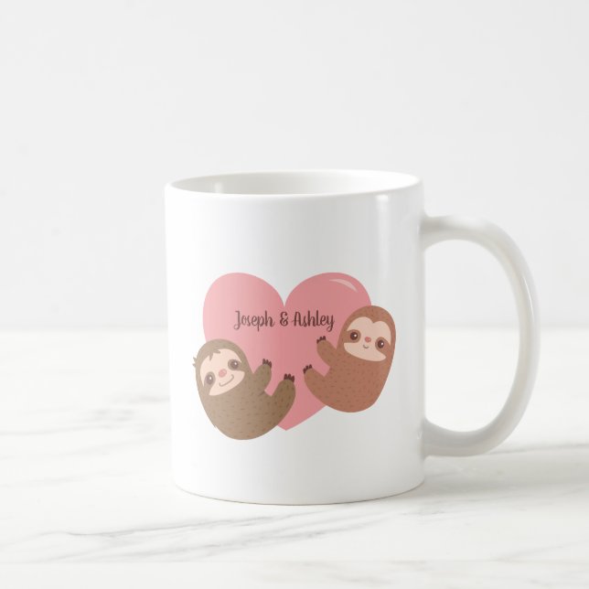 Cute Sloth Couple Hugging Heart, Personalized Coffee Mug (Right)