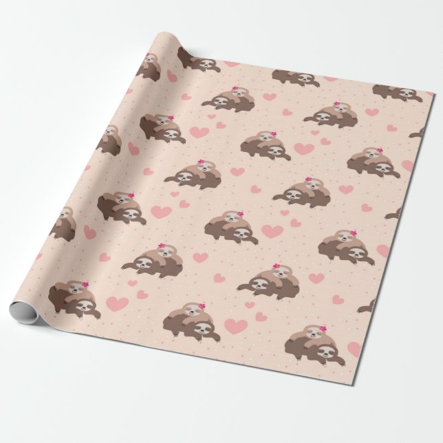 Cute Sloth Couple Love Pattern Wrapping Paper (Unrolled)