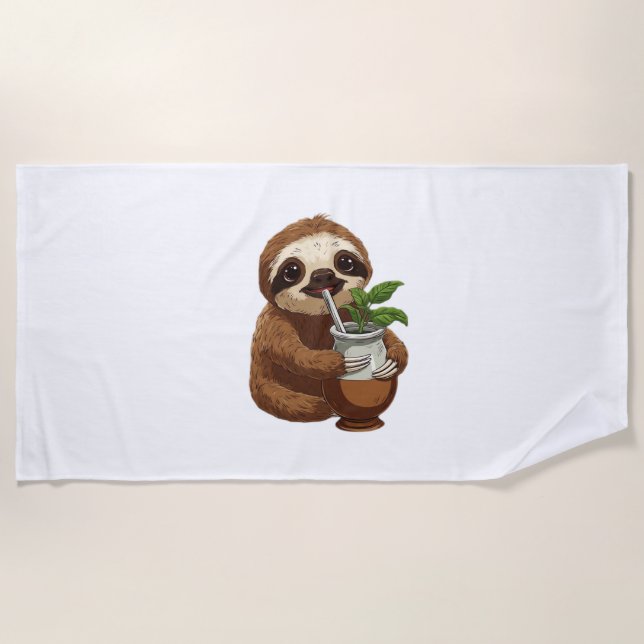 Cute Sloth Drinking Yerba Mate – Adorable Kawaii A Beach Towel (Front)