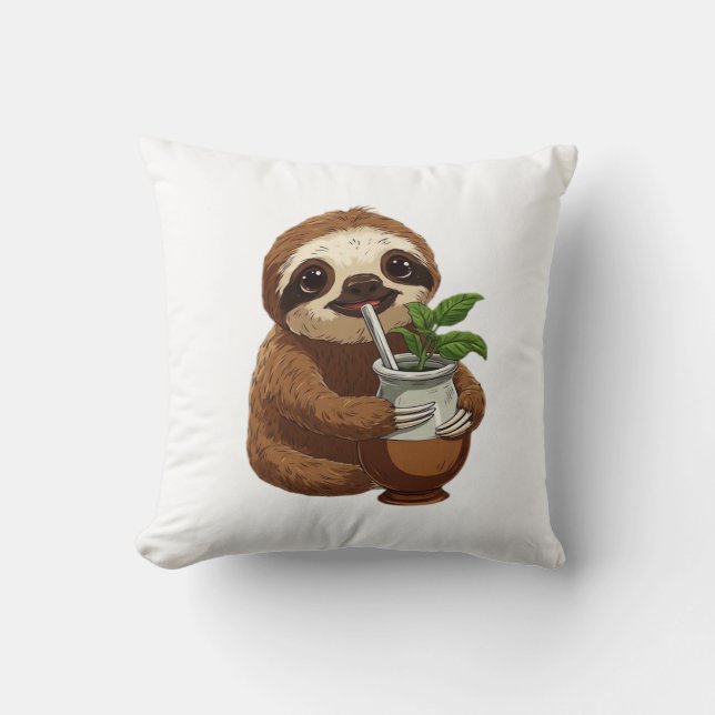 Cute Sloth Drinking Yerba Mate � Adorable Kawaii A Throw Pillow (Front)
