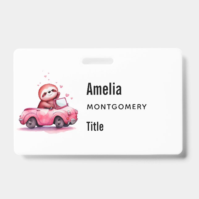 Cute Sloth Driving a Pink Convertible Badge (Front)