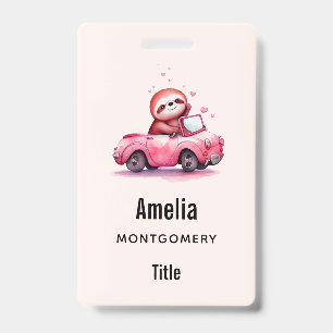 Cute Sloth Driving a Pink Convertible Badge